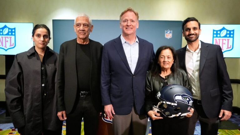 Seattle Seahawks owner's The Khosla family, and NFL commissioner Roger Goodell, Nina Khosla, left, Vinod Khosla, Neeru Khosla, and Neal Khosla pose for a portrait during a news conference at an NFL football owners meeting on Wednesday, Aug. 26, 2026, in Atlanta. (Brynn Anderson/AP)
