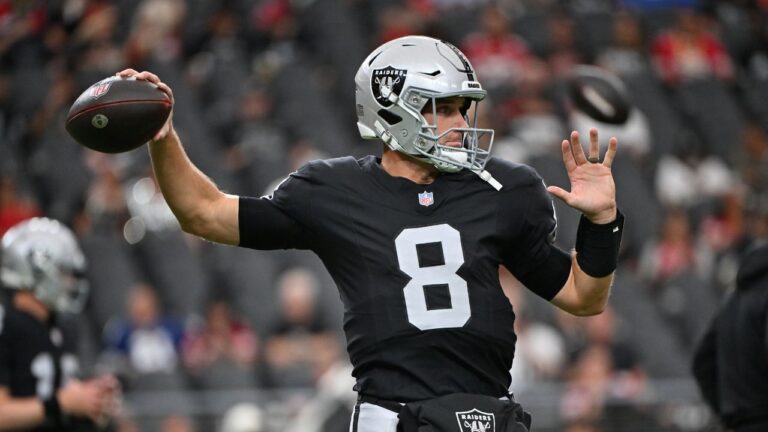 Las Vegas Raiders quarterback Kirk Cousins (8) warms up before an NFL preseason football game against the San Francisco 49ers, Thursday, Aug. 27, 2026, in Las Vegas. (David Becker/AP)
