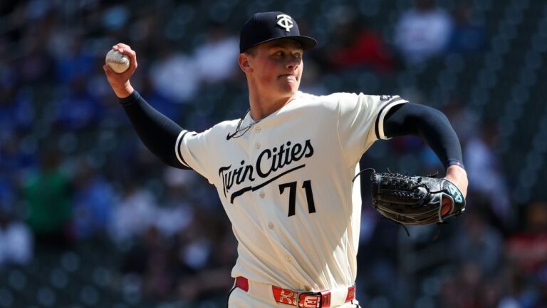 Minnesota Twins relief pitcher John Klein delivers in his major league debut, against the Toronto Blue Jays during the ninth inning of a baseball game, Saturday, May 2, 2026, in Minneapolis. (Matt Krohn/AP)