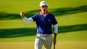 USA teams' Jackson Koivun celebrates his shot on the eighth green against the International teams' during a Presidents Cup golf tournament third round four-ball match at Medinah Country Club, Saturday, Sept. 26, 2026, in Medinah, Ill. (AP/Chris Carlson)