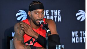 Toronto Raptors forward Kawhi Leonard speaks at the Raptors media day in Toronto on Monday, Sept. 28, 2026. (Jon Blacker/CP)