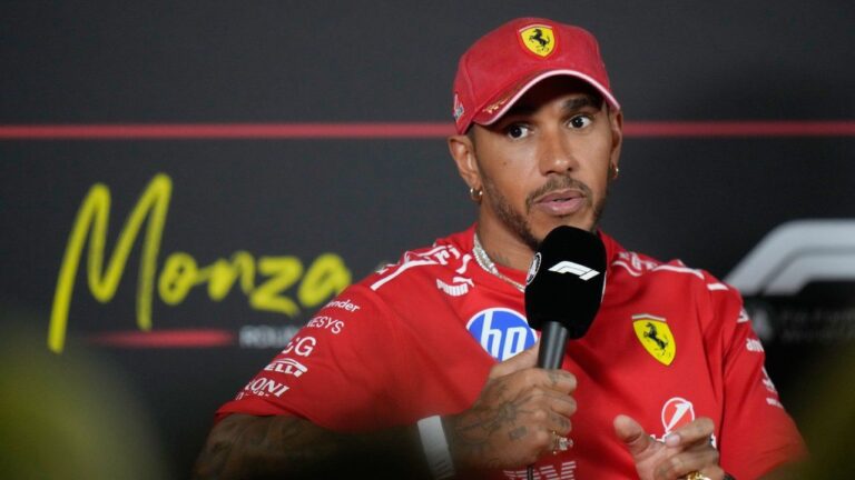 Ferrari driver Lewis Hamilton of Britain gestures during a news conference ahead of Sunday's Italy Grand Prix, at the Monza racetrack, Italy, Thursday, Sept. 3, 2026. (Luca Bruno/AP)