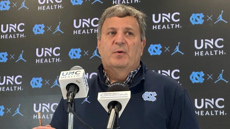 North Carolina general manager Michael Lombardi speaks with reporters during an NCAA college football news conference, Tuesday, Feb. 11, 2025, in Chapel Hill, N.C., about two months after the hiring of football coach Bill Belichick, (Aaron Beard/AP)