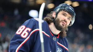 Columbus Blue Jackets right wing Kirill Marchenko (86) greets fans before the game against the Vegas Golden Knights as part of an NHL hockey game Saturday, Dec. 13, 2025, in Columbus, Ohio. (Joe Maiorana/AP)