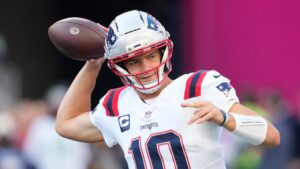 New England Patriots quarterback Drake Maye throws a pass during warmups before an NFL football game against the Seattle Seahawks, Wednesday, Sept. 9, 2026, in Seattle. (Stephen Brashear/AP Photo)