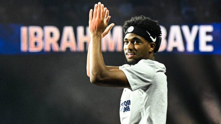 PSG's Ibrahim Mbaye celebrates at Parc des Princes stadium in Paris, Sunday, May 31, 2026, after the team won the Champions League final against Arsenal in Budapest. (Emma Da Silva/AP)