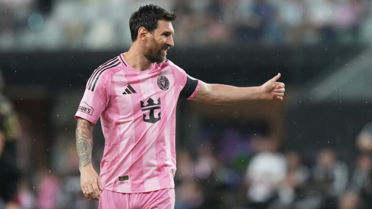 Inter Miami forward Lionel Messi (10) gestures during the second half of an MLS soccer match against Atlanta United, Saturday, Sept. 5, 2026, in Miami. (Lynne Sladky/AP)