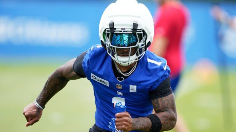 New York Giants wide receiver Malik Nabers practises during an NFL football training camp, July 29, 2026, in White Sulphur Springs, W.Va. (Chris Carlson/AP)