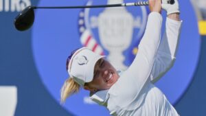 Nanna Koerstz Madsen of Europe plays off the 7th tee during a practice round for the Solheim Cup at the Bernardus Golf course in Vught, Netherlands, Thursday, Sept. 10, 2026. (Alastair Grant/AP)