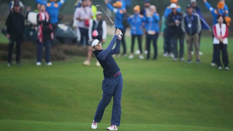 Nelly Korda of the United States plays a shot into the first green during the Solheim Cup at the Bernardus Golf course in Den Bosch. (Alastair Grant/AP)