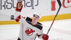 New Jersey Devils defenceman Simon Nemec (17) celebrates after his winning goal in a shootout of an NHL hockey game against the Washington Capitals, Saturday, Nov. 15, 2025, in Washington. (Nick Wass/AP)