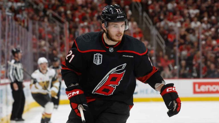 Carolina Hurricanes' Alexander Nikishin (21) skates against the Vegas Golden Knights during the third period in Game 5 of the NHL hockey Stanley Cup Final. (Karl DeBlaker/AP)