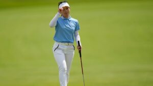 Yuna Nishimura, of Japan, motions after putting on the second green during the first round of the Women's PGA Championship golf tournament, Thursday, June 25, 2026, in Chaska, Minn. (Matt York/AP)