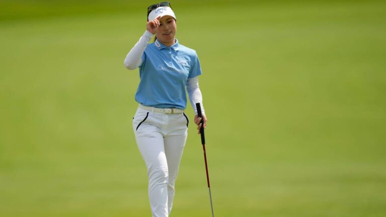 Yuna Nishimura, of Japan, motions after putting on the second green during the first round of the Women's PGA Championship golf tournament, Thursday, June 25, 2026, in Chaska, Minn. (Matt York/AP)