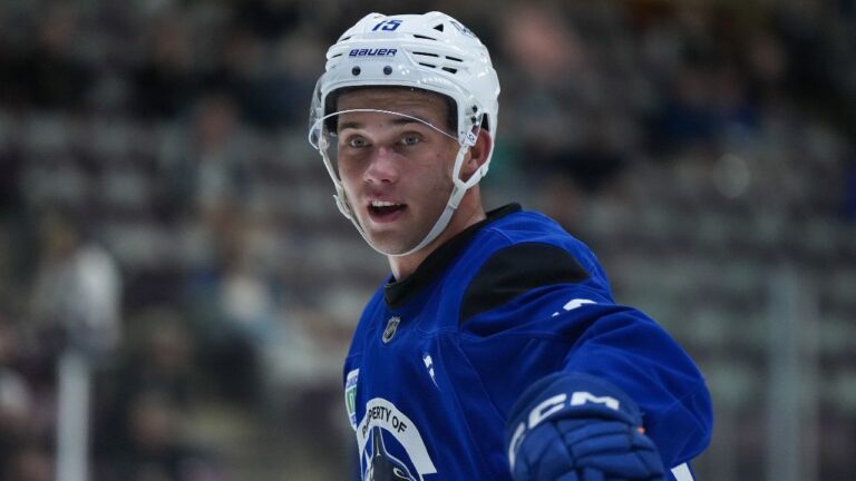 Vancouver Canucks' Adam Novotny skates during the opening day of the NHL hockey team's training camp, in Penticton, B.C., on Thursday, Sept. 17, 2026. (Darryl Dyck/THE CANADIAN PRESS)