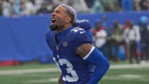 New York Giants wide receiver Odell Beckham Jr. (13) screams as he runs onto the field before an NFL football game against the Tennessee Titans in East Rutherford, N.J., Sunday, Sept. 27, 2026. (Frank Franklin II/AP)