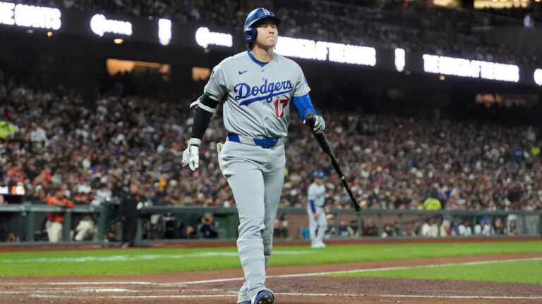 Los Angeles Dodgers designated hitter Shohei Ohtani walks to the dugout after striking out during the eighth inning of a baseball game against the San Francisco Giants, Friday, Sept. 25, 2026, in San Francisco. (Jeff Chiu/AP)