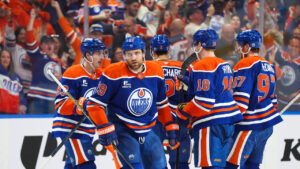 Edmonton Oilers' Leon Draisaitl (29) celebrates a goal against the Anaheim Ducks during second period first round Game 5 NHL playoff action in Edmonton on Tuesday, April 28, 2026. (Codie McLachlan/CP)