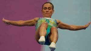 Oksana Chusovitina practises ahead of the artistic gymnastics women's vault event of the 19th Asian Games in Hangzhou, China, Thursday, Sept. 28, 2023. (Ng Han Guan/AP Photo)