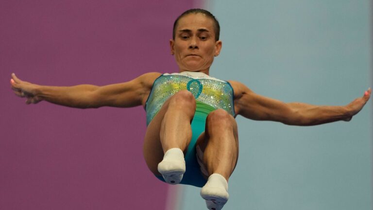 Oksana Chusovitina practises ahead of the artistic gymnastics women's vault event of the 19th Asian Games in Hangzhou, China, Thursday, Sept. 28, 2023. (Ng Han Guan/AP Photo)