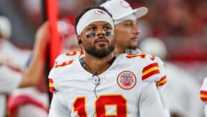 Kansas City Chiefs quarterback Chris Oladokun (19) walks the sideline during an NFL pre-season football game against the Tampa Bay Buccaneers in Tampa, Fla., Saturday, Aug. 22, 2026. (Gary McCullough/AP)