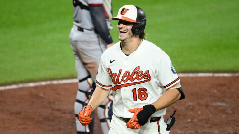 Baltimore Orioles' Coby Mayo reacts after rounded the bases on his solo home run during the sixth inning of a baseball game against the Cleveland Guardians, Wednesday, Sept. 9, 2026, in Baltimore. (Nick Wass/AP Photo)