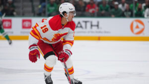 Calgary Flames defenceman Zayne Parekh skates against the Dallas Stars during the first period of an NHL hockey game Tuesday, April 7, 2026, in Dallas. (Julio Cortez/AP)