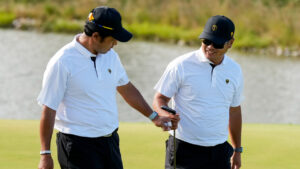 International teams' Hideki Matsuyama, of Japan, left, celebrates with Ryo Hisatsune, of Japan, on the 13th green during the first round four-ball match at the Presidents Cup golf tournament against the USA team at Medinah Country Club, Thursday, Sept. 24, 2026, in Medinah, Ill. (Chris Carlson/AP)