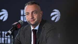 Toronto Raptors head coach Darko Rajakovic speaks at the Raptors media day in Toronto on Monday, Sept. 28, 2026. (Jon Blacker/CP)