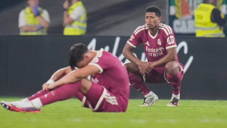 Real Madrid's Jude Bellingham, right, and Carlos Espi react after the Spanish La Liga soccer match between Real Betis and Real Madrid in Seville, Spain, Friday, Sept. 4, 2026. (Jose Breton/AP)