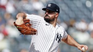 New York Yankees pitcher Carlos Rodon throws in the first inning during the first baseball game of a doubleheader against the Tampa Bay Rays, Tuesday, Sept. 22, 2026, in New York. (Adam Hunger/AP Photo)