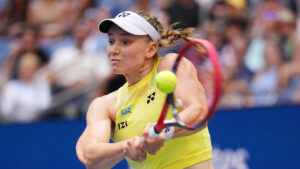 Elena Rybakina, of Kazakhstan, returns the ball to Aryna Sabalenka, of Belarus, during the women's singles final of the U.S. Open tennis championships Saturday, Sept. 12, 2026, in New York. (Kirsty Wigglesworth/AP)