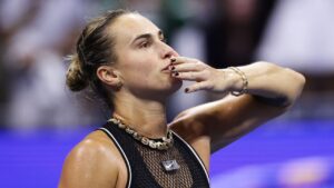 Aryna Sabalenka, of Belarus, celebrates winning a match against Polina Iatcenko, of Russia, during the second round of the U.S. Open tennis championships, Wednesday, Sept. 2, 2026, in New York. (Adam Hunger/AP Photo)