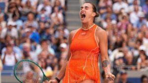 Aryna Sabalenka, of Belarus, celebrates winning a match against Linda Noskova, of the Czech Republic, during the quarterfinal round of the U.S. Open tennis championships, Tuesday, Sept. 8, 2026, in New York. (Seth Wenig/AP)