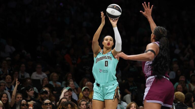 New York Liberty forward Satou Sabally (0) shoots over Toronto Tempo forward Nyara Sabally during the first half of a WNBA basketball game, Wednesday, June 3, 2026, in New York. (Heather Khalifa/AP)