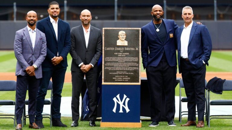 Chris Young, Dellin Betances, Derek Jeter, CC Sabathia and Andy Pettitte pose during Sabathia's Monument Park induction ceremony before a baseball game between the New York Yankees and Baltimore Orioles, Friday, Sept. 25, 2026, in New York. (Noah K. Murray/AP)