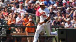 Baltimore Orioles' Samuel Basallo (29) advances toward home to score on an RBI double hit by Dylan Beavers during the second inning of a baseball game against the Cleveland Guardians, Monday, Sept. 7, 2026, in Baltimore. (Stephanie Scarbrough/AP)