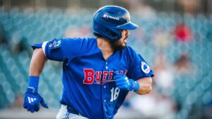 Blue Jays outfielder Anthony Santander runs for the Buffalo Bisons in a rehab game on Sept. 9 in Charlotte. (Laura Wolff/Charlotte Knights)