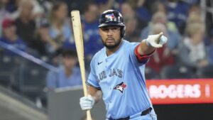 Toronto Blue Jays' Anthony Santander calls to the first base umpire during second inning MLB baseball action against the Boston Red Sox in Toronto on Wednesday September 24, 2025. THE CANADIAN PRESS/Chris Young