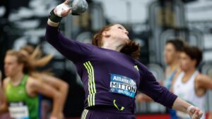 Canada's Sarah Mitton competes in the women's shotput at the Diamond League athletics meeting in Brussels, Friday, Sept. 4, 2026. (Geert Vanden Wijngaert/AP)