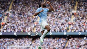 Manchester City's Antoine Semenyo reacts after scoring third goal during the English Premier League match between Manchester City and Sunderland in Manchester, England, Sunday, Sept. 20, 2026. (AP/Dave Thompson)