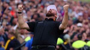Shane Lowry of Ireland celebrates winning the Irish Open at Trump International Golf Links in Doonbeg. (Peter Morrison/AP)