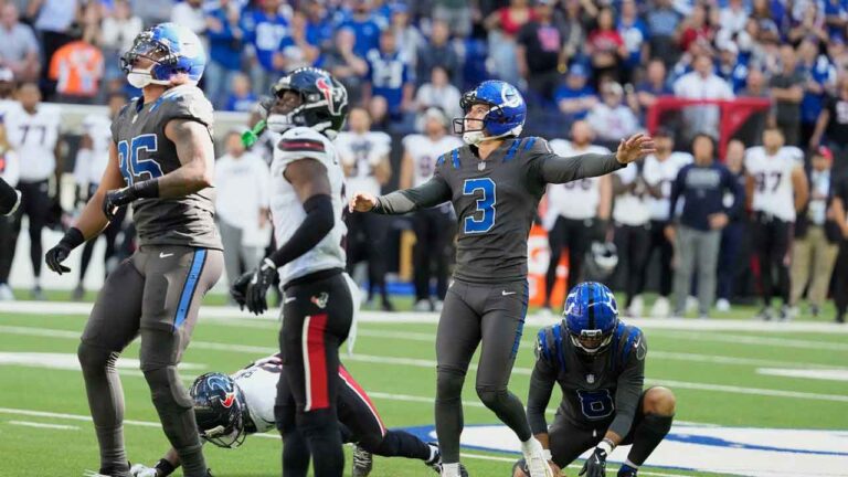 Indianapolis Colts kicker Spencer Shrader (3) watches his game-winning field goal against the Houston Texans during the second half of an NFL football game. (Michael Conroy/AP)