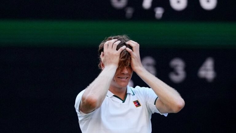 Jannik Sinner of Italy reacts after winning against Alexander Zverev of Germany in the men's singles final at Wimbledon Tennis Championships in London, Sunday, July 12, 2026. (Kirsty Wigglesworth/AP)