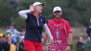 Jennifer Kupcho of the United States celebrates after holing a putt on the 18th green during the Solheim Cup in Den Bosch, Netherlands, Saturday, Sept. 12, 2026. (Alastair Grant/AP)