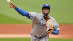 Toronto Blue Jays' José Soriano pitches in the first inning of a baseball game against the Cleveland Guardians in Cleveland, Thursday, Sept. 3, 2026. (Sue Ogrocki/AP)
