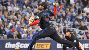 Toronto Blue Jays pitcher Jose Soriano (40) throws to a Cincinnati Reds batter during first inning MLB baseball action in Toronto on Friday, Sept. 25, 2026. (Jon Blacker/CP)