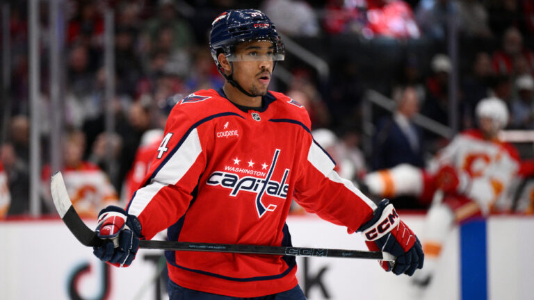 Washington Capitals centre Justin Sourdif (34) in action during the first period of an NHL hockey game against the Calgary Flames, Monday, March 9, 2026, in Washington. (Nick Wass/AP)