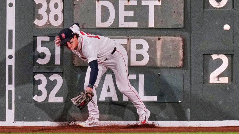 Boston Red Sox's Roman Anthony (19) misses making the play on a double by Los Angeles Angels' Travis D'Arnaud during the fifth inning of a baseball game, Tuesday, Sept. 8, 2026, in Boston. (Charles Krupa/AP Photo)-