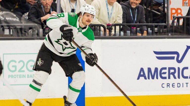 Dallas Stars centre Sam Steel passes the puck against the Utah Mammoth during the second period of an NHL hockey game, Jan. 31, 2026, in Salt Lake City. (Melissa Majchrzak/AP)
